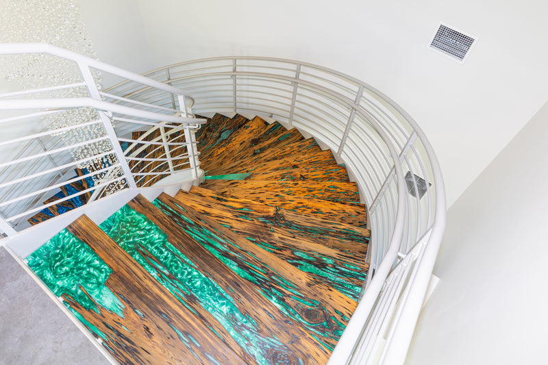 Pecky Cypress epoxy staircase